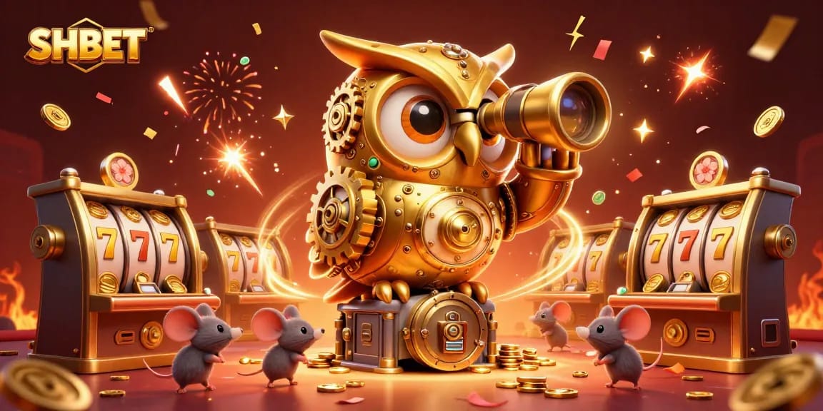 Experience thrilling gameplay at SHBET with a dynamic 3D scene featuring clockwork owl and rich casino elements.
