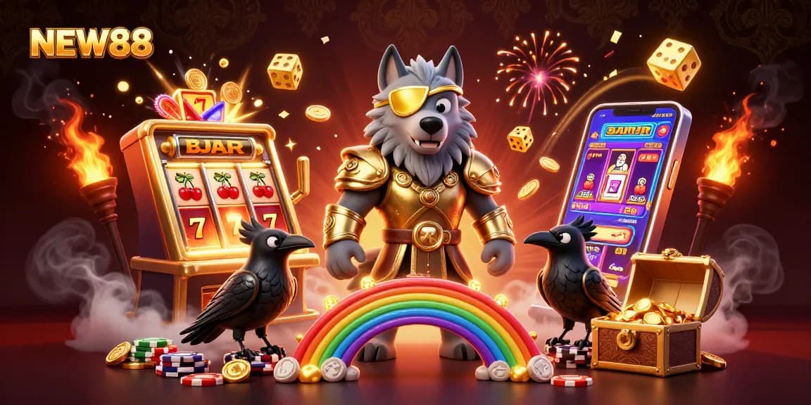 Experience the thrill of NEW88 with Odin's wolf and ravens amid vibrant casino elements.