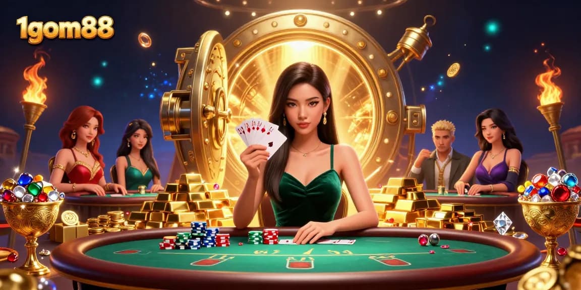 Experience exciting gameplay with 1gom88 at a lively poker table surrounded by treasures.