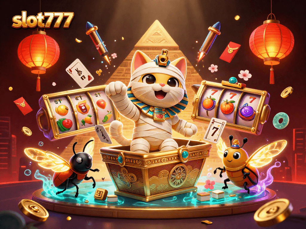 Experience thrill with slot777 as the Egyptian mummy cat bursts from the sarcophagus in a vibrant casino scene.