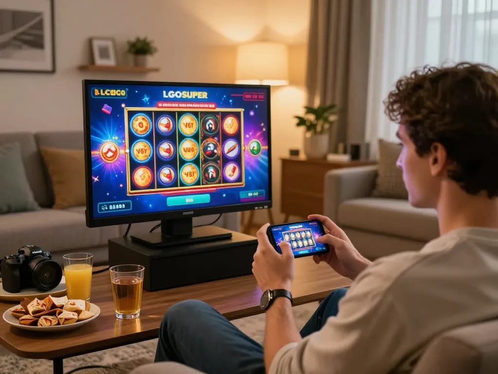 Player enjoying LGOSUPER slot game on smartphone in cozy home setting with exciting visuals