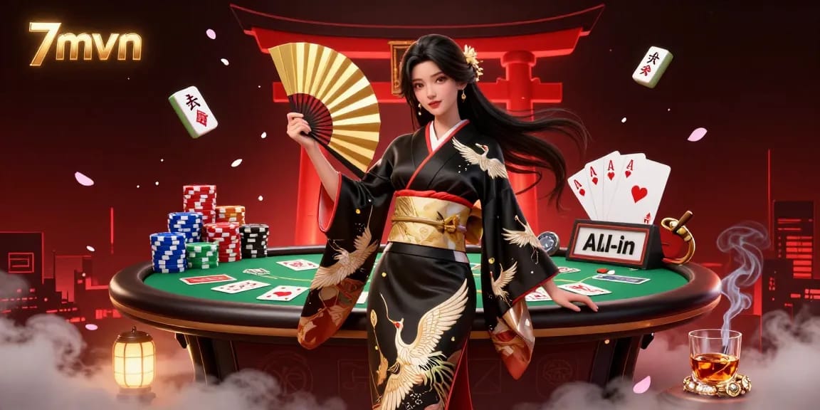 Experience thrilling 7mvn poker action with elegant Asian woman and dynamic game elements in 3D.