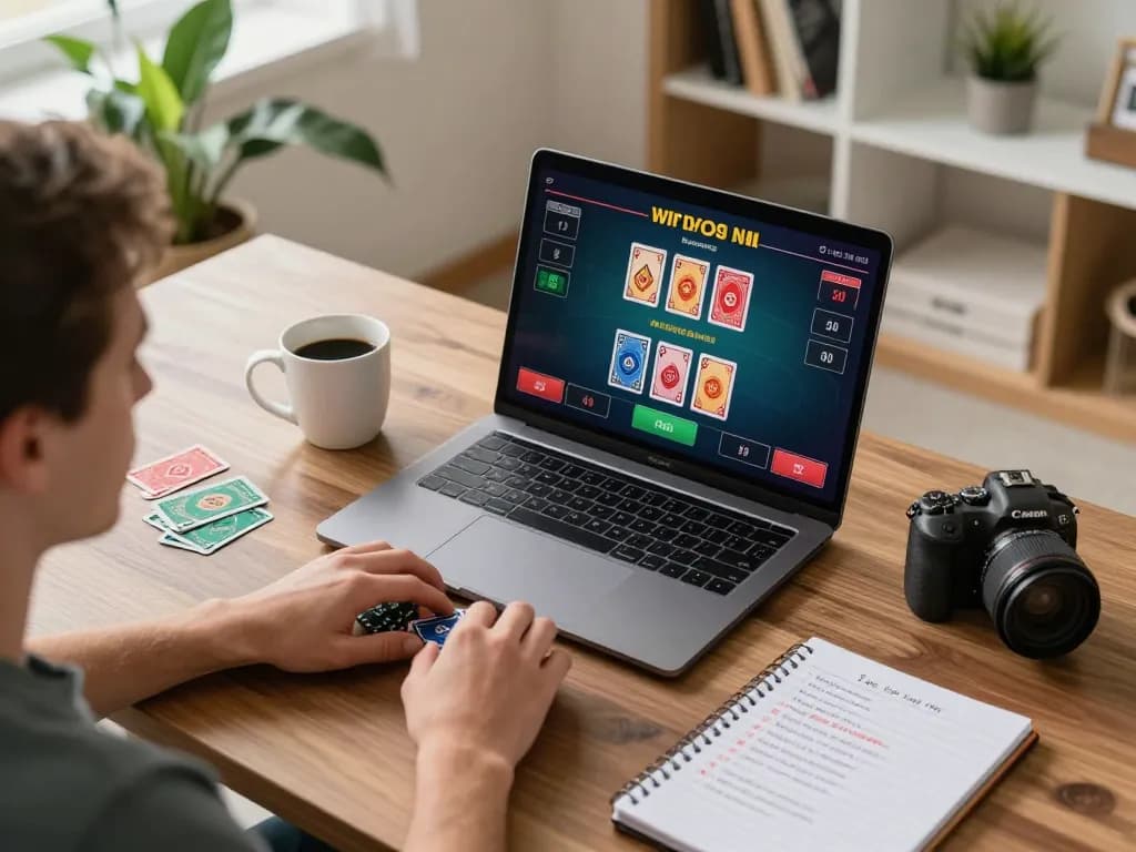 Player engaging with the trang chủ KO66 online blackjack game featuring a laptop and strategy notes.