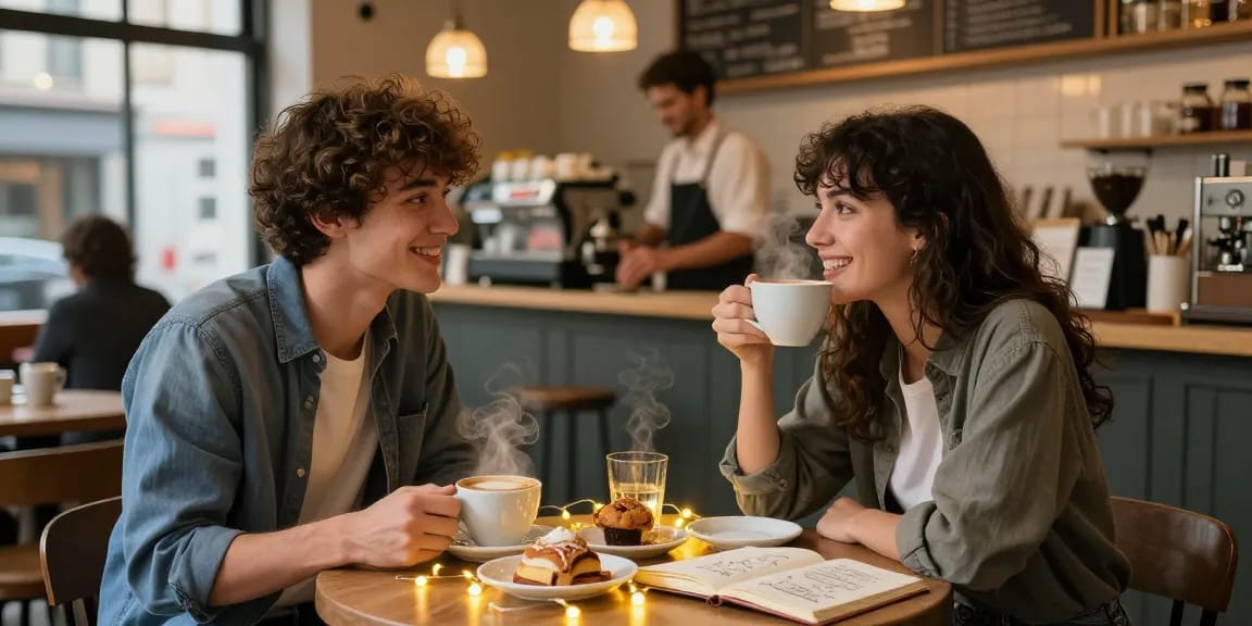 Couple enjoying coffee in a cozy café as they have a crush on each other, illuminated by soft fairy lights.