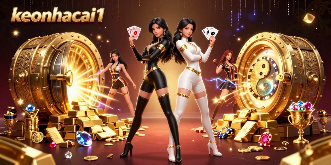 Experience thrilling gameplay with keonhacai1 as twin Asian women showcase powerful card skills in a casino spectacle.