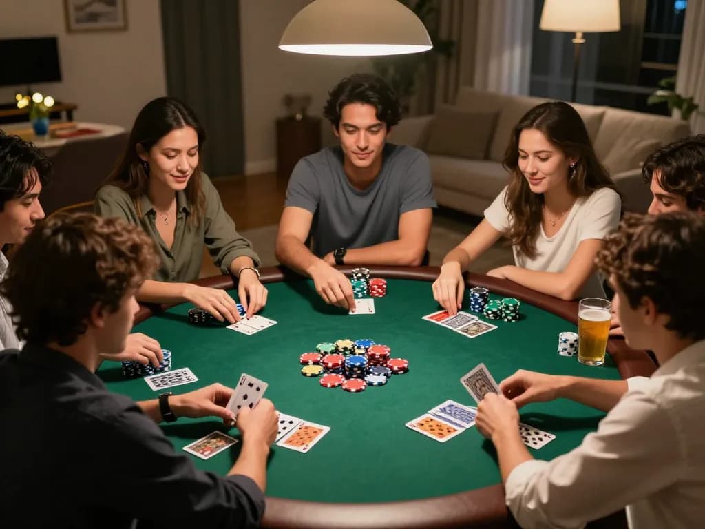 Friends enjoy a poker game night at home showcasing excitement in their strategy, bem88l gaming atmosphere.
