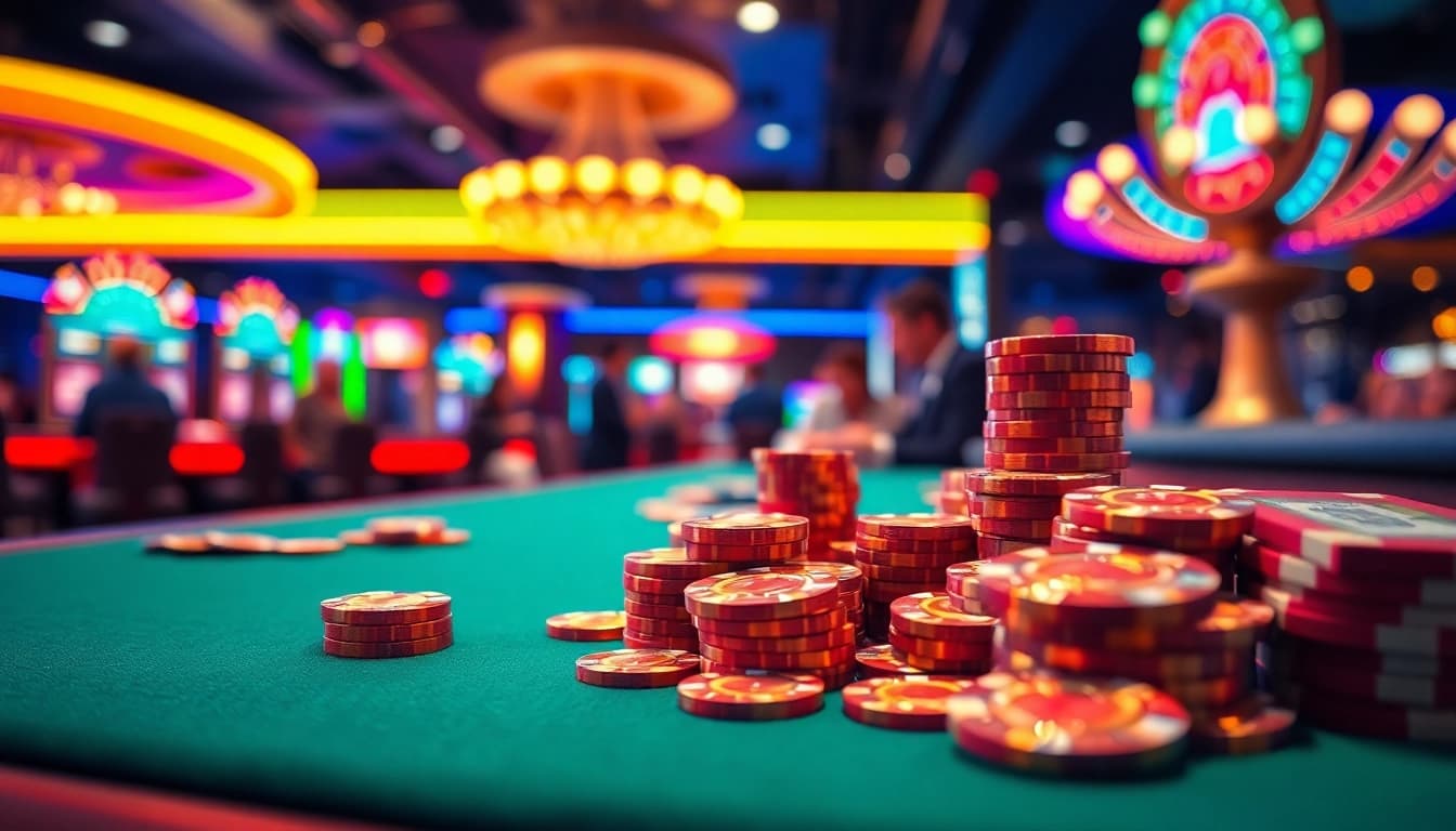 Experience thrilling casino bonuses with vibrant gaming chips at a lively casino table.