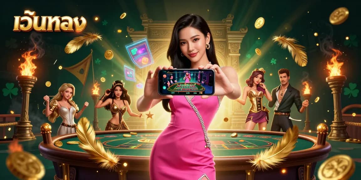 Engage with เว็บตรง gameplay as a stylish Asian woman showcases a live dealer game on her smartphone.