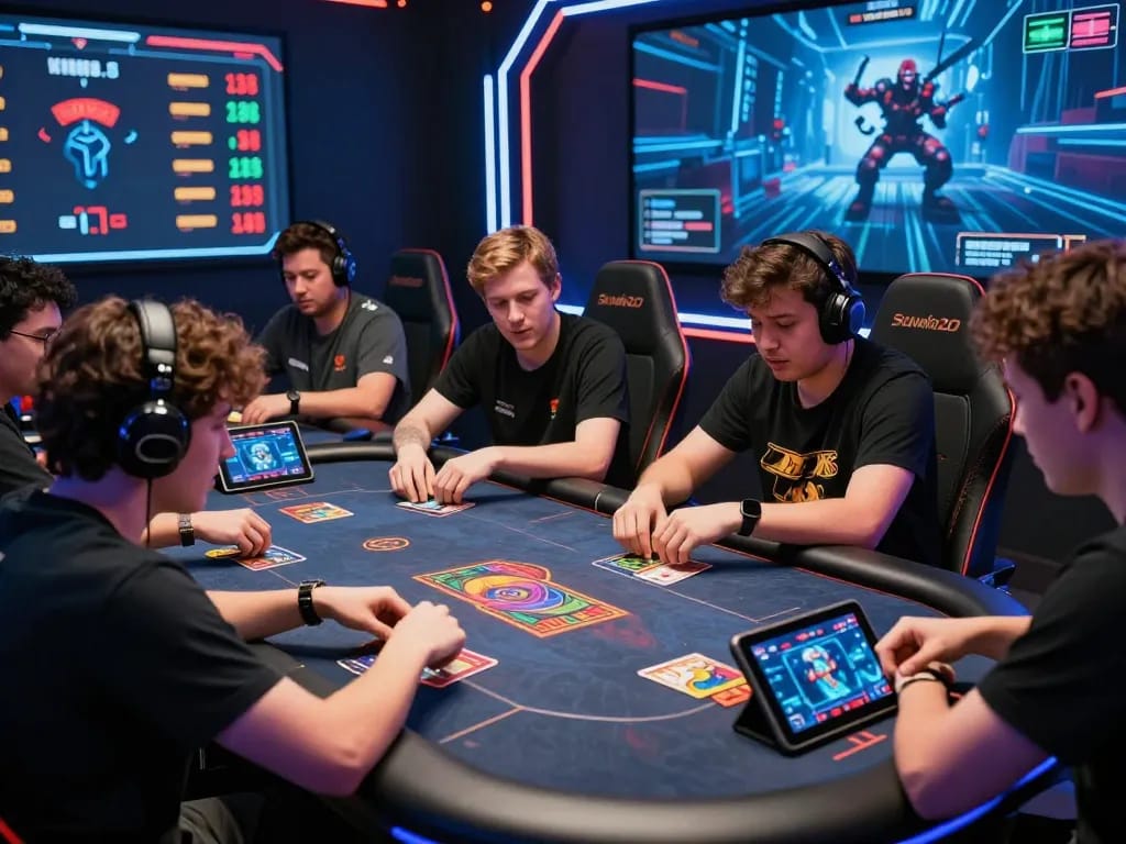 Exciting sunwin20 online gaming scene with diverse players focused on a digital card game and vibrant graphics.