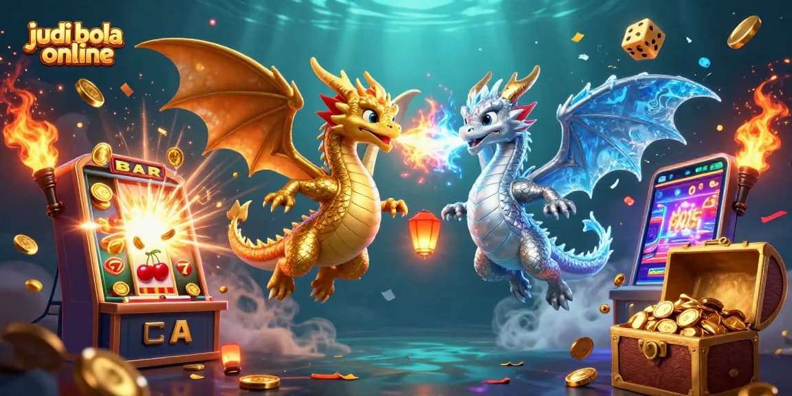 Play judi bola online with excitement, featuring dragons, coins, and vibrant casino elements.