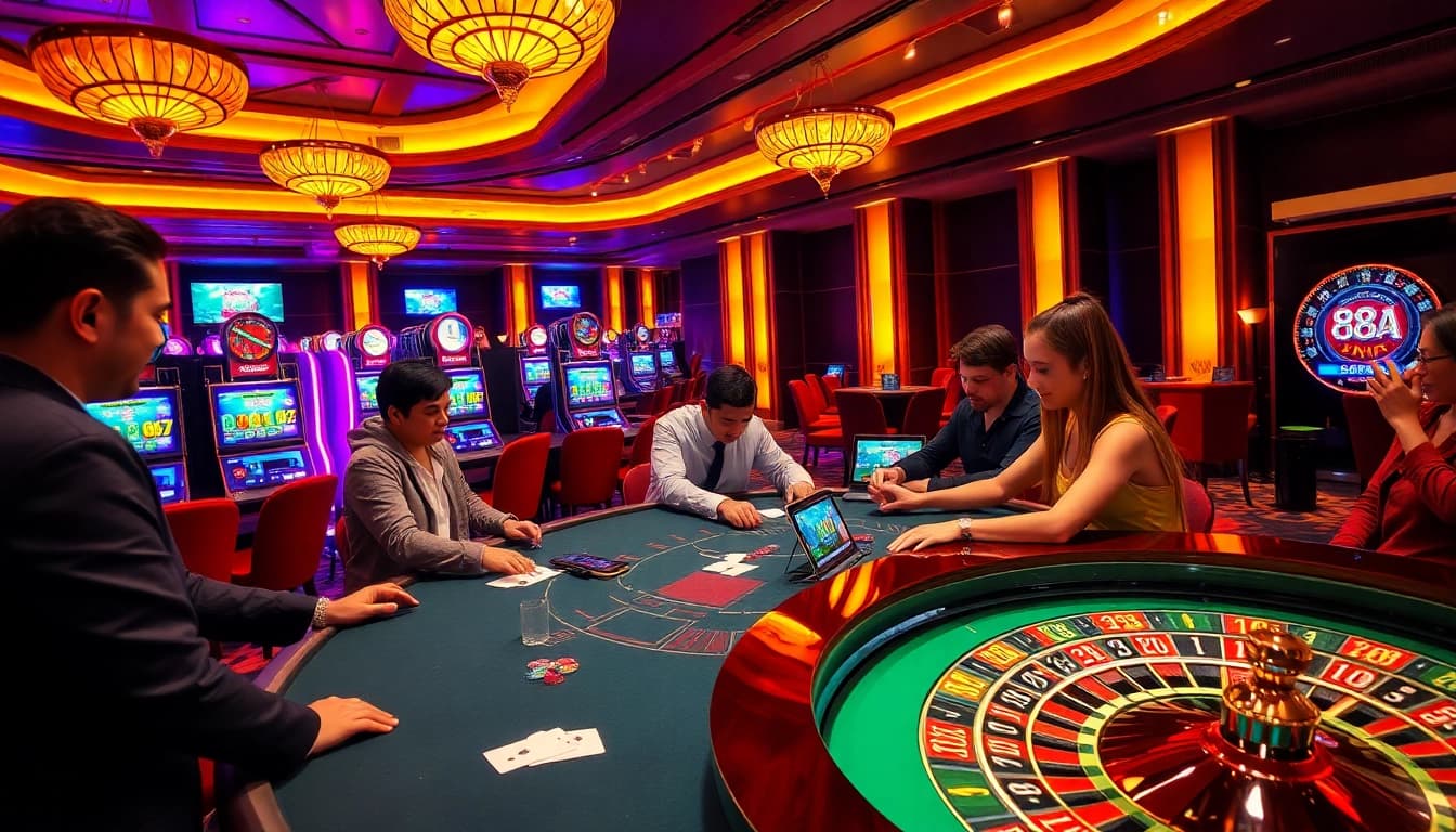 Experience high-stakes action at 88aa's vibrant casino with poker tables and slot machines.