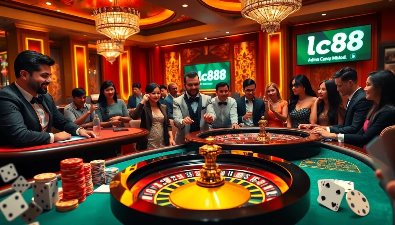 Exciting casino atmosphere showcasing players engaged at LC88 tables with colorful chips and vibrant games.