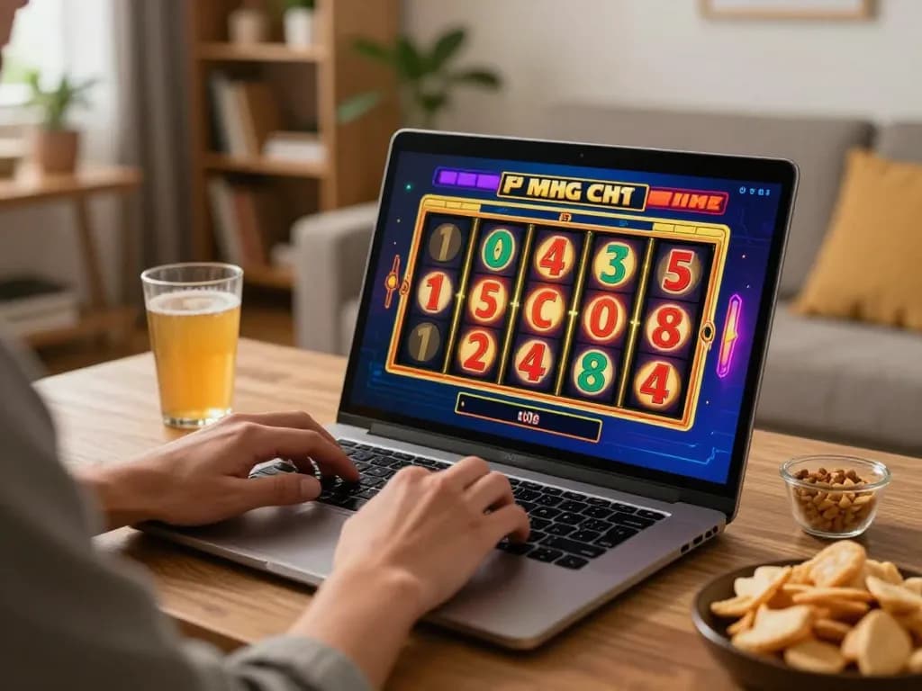 Player enjoying aman788 slot games on a laptop in a cozy home setting, showcasing an engaging online gaming experience.