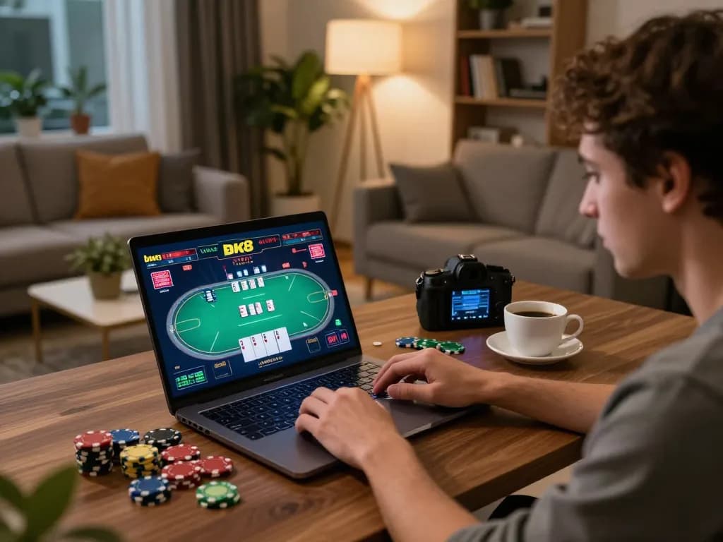 Player engaging on bk8 online platform at a cozy home setup, analyzing poker game strategies.