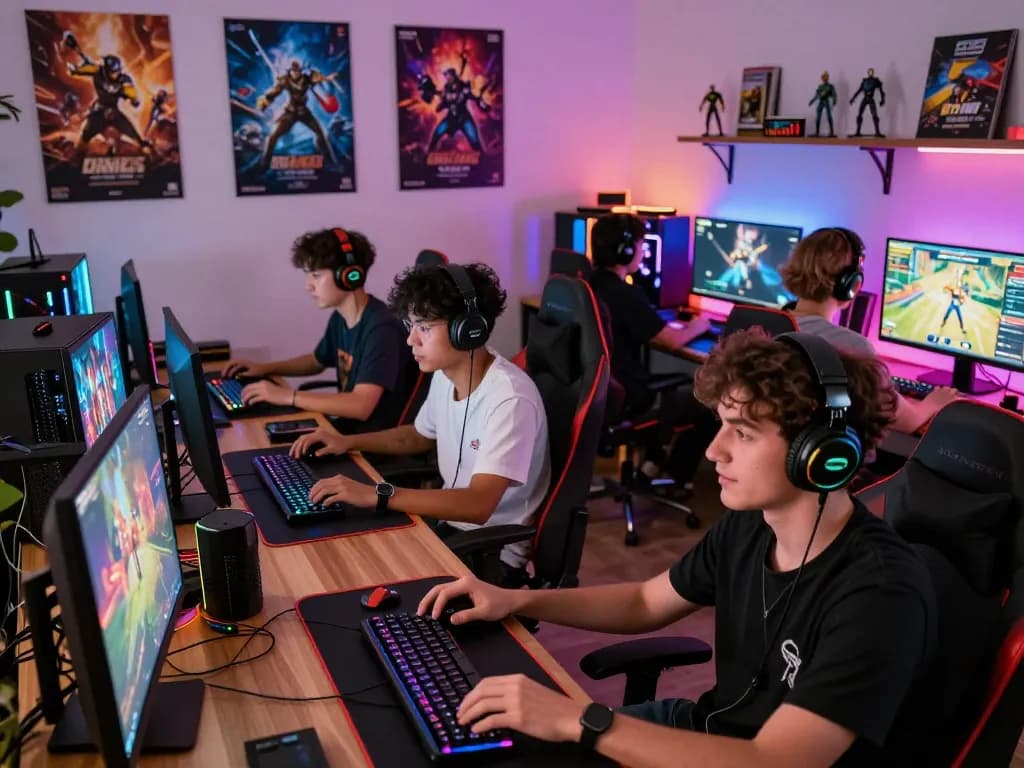 Dewi100 gaming enthusiasts engaged in intense multiplayer sessions in a vibrant gaming room.