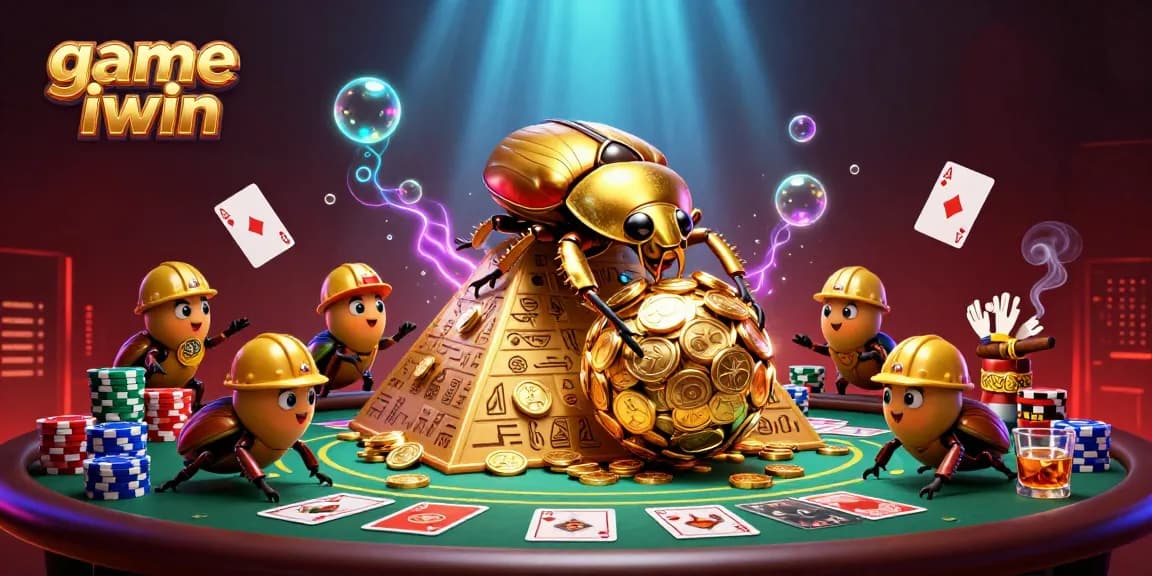 Engaging scene depicting game iwin with golden beetles and casino elements for immersive play.