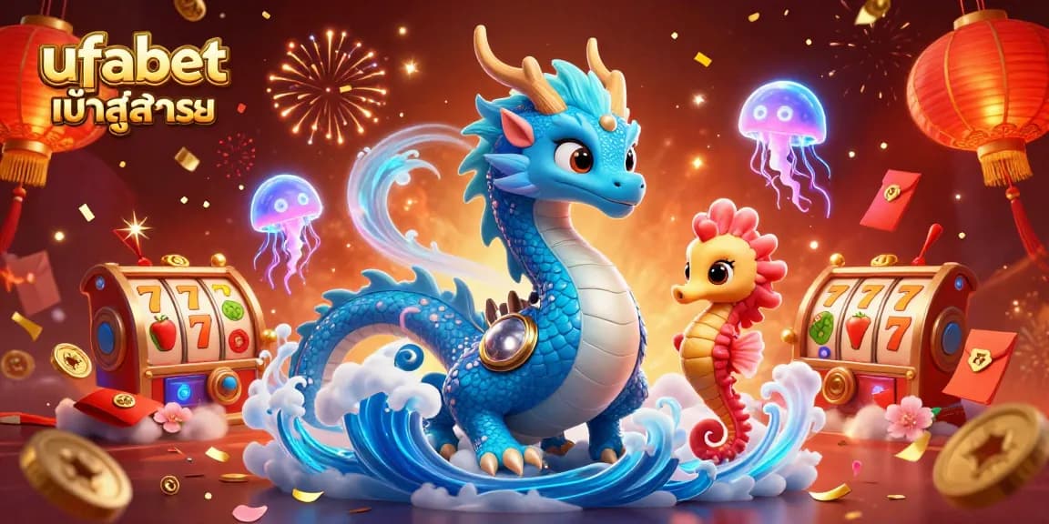 Engage in ufabet เข้าสู่ระบบ with vibrant casino elements featuring a magical water dragon and fun symbols.