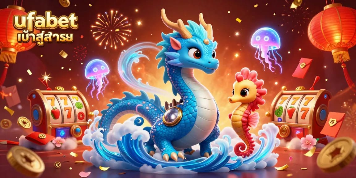 Engage in ufabet เข้าสู่ระบบ with vibrant casino elements featuring a magical water dragon and fun symbols.