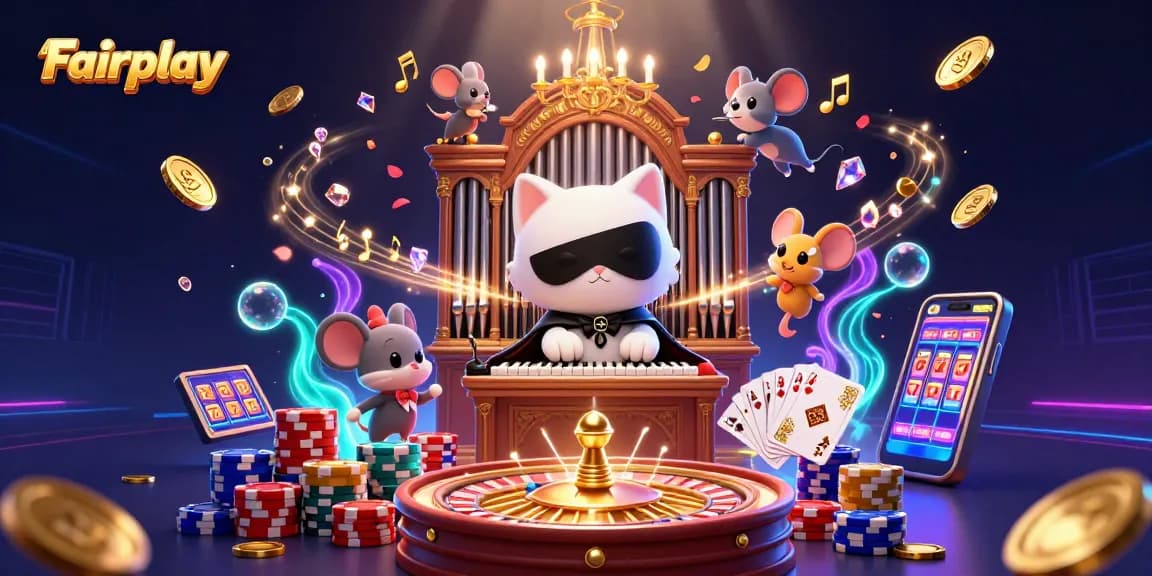 Spin the reels with Fairplay featuring a lively casino scene with a mystical cat and treasures.