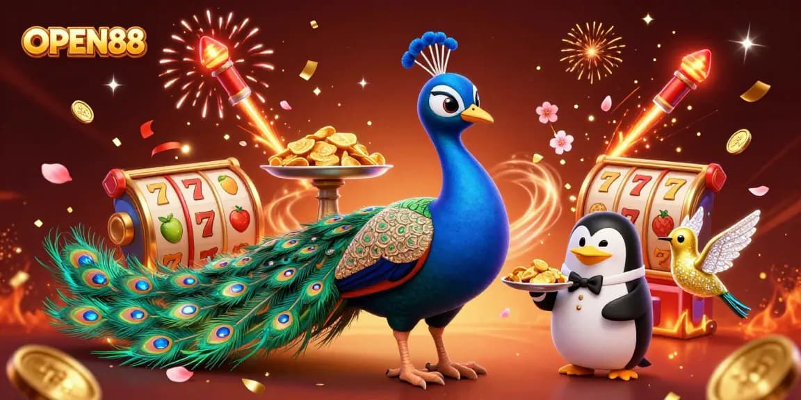 Experience thrilling gameplay at OPEN88 with a vibrant casino scene featuring a playful peacock and exciting slot elements.