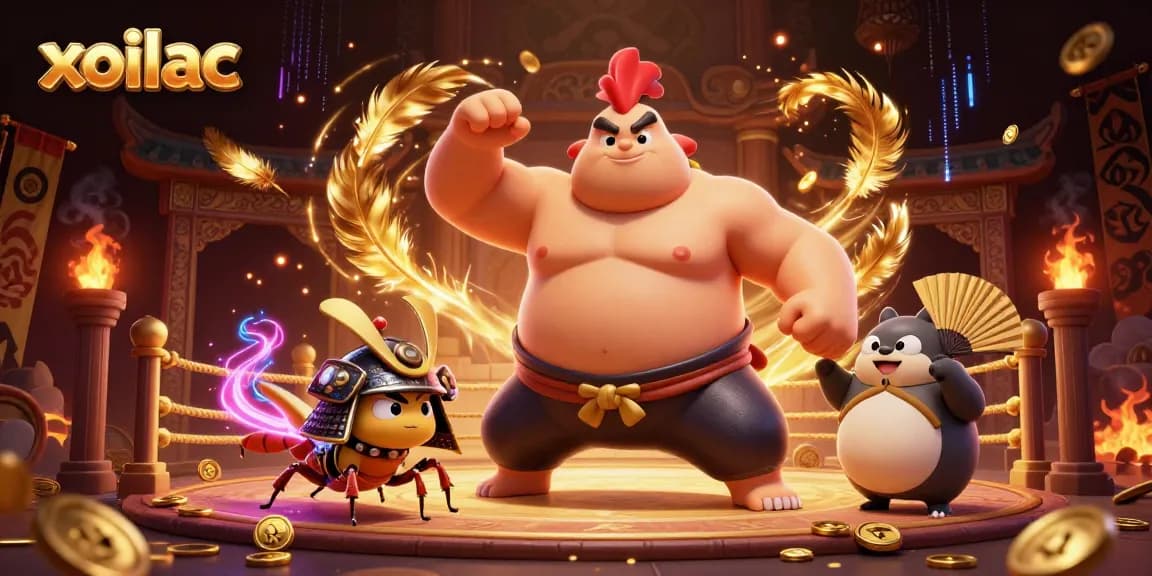 Xoilac presents an exhilarating online betting scene featuring a sumo wrestler, samurai cricket, and announcer.