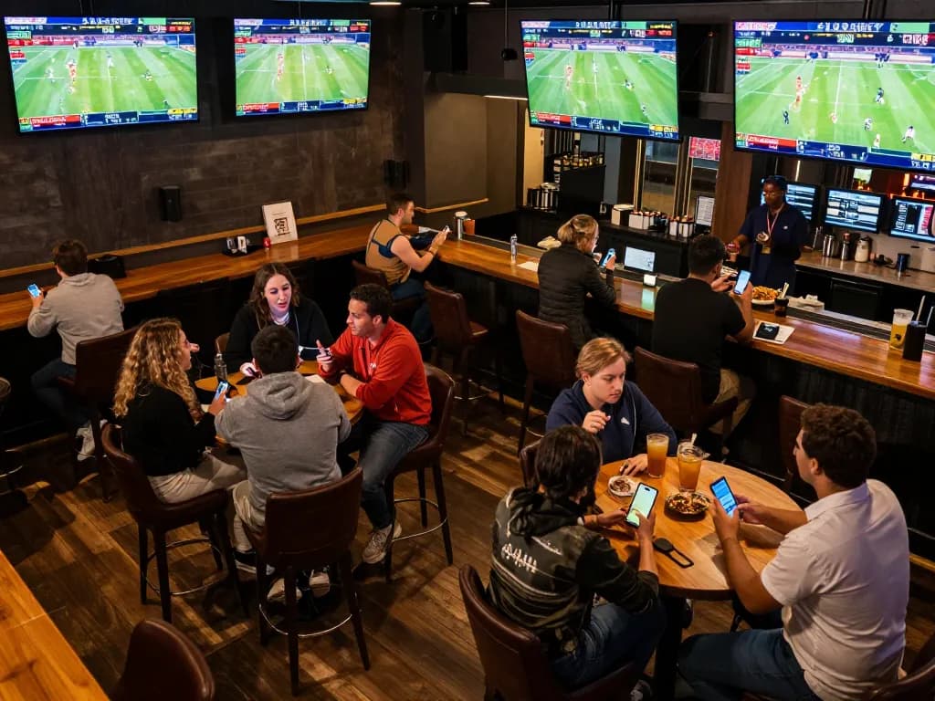 Exciting sports betting moments at a bar with lively crowds and tylekeo-focused screens.