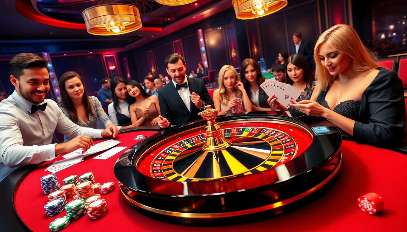 Experience the excitement of casino gaming at bomwin1.it.com with a stylish roulette table and vibrant players.
