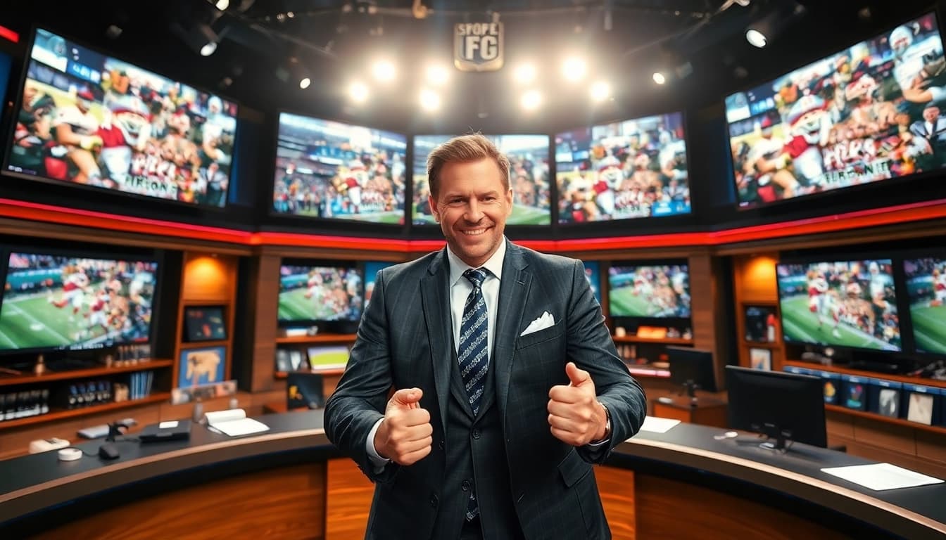 Cover image showcasing vibrant sports broadcasting with dynamic screens and an engaging host.