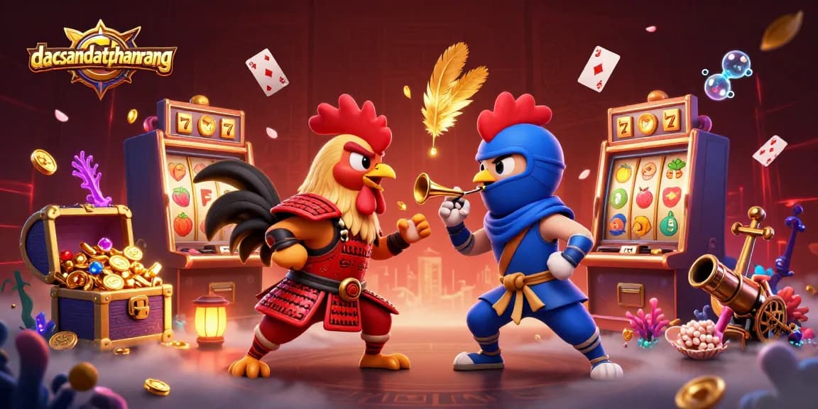 Engage with dacsandatphanrang's thrilling rooster battle amidst dynamic slot elements and vibrant casino imagery.