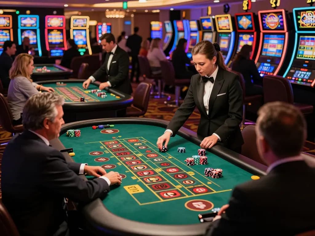 RR88 players engaging in lively roulette game on a glamorous casino floor, showcasing vibrant atmosphere
