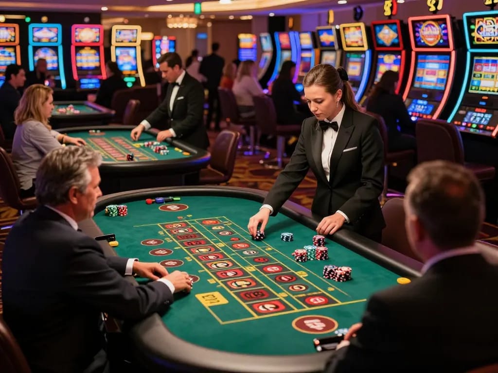 RR88 players engaging in lively roulette game on a glamorous casino floor, showcasing vibrant atmosphere