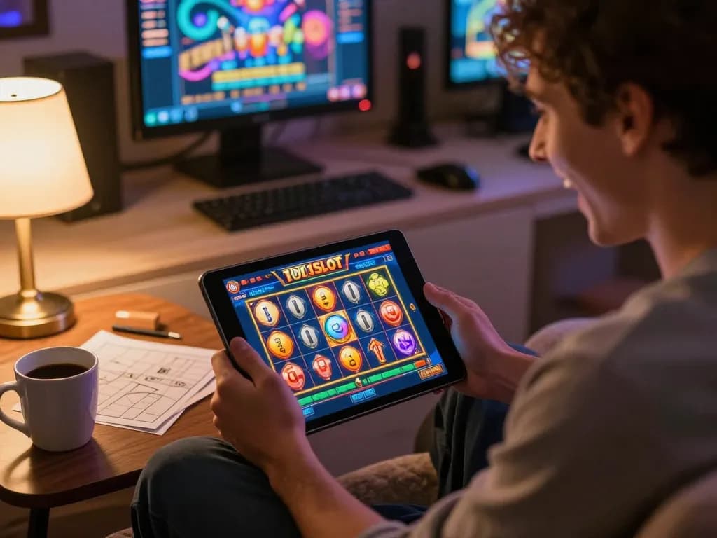 Engaging gameplay at 1001SLOT online slot game, showcasing vibrant interface and cozy home atmosphere