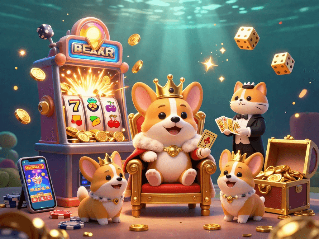 Experience the thrill at usa online casinos with a stunning royal corgi surrounded by vibrant casino elements.