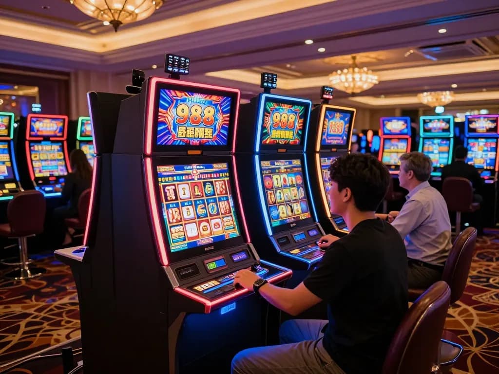 Engaging gameplay at a 988slot machine in an upscale casino, colorful lights enhancing the atmosphere