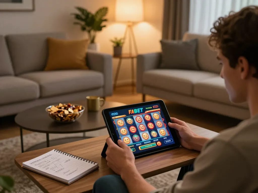 Engaging with FABET's online slot games in a cozy home setting.