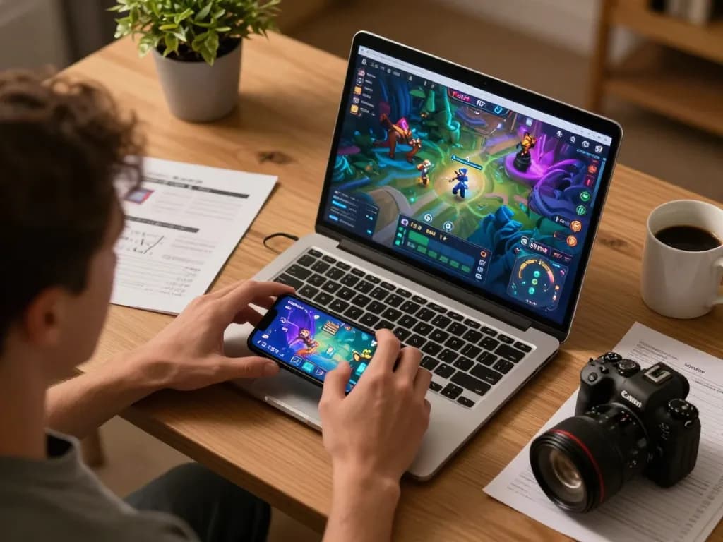 Engaging online gaming session on Fokus77 with a player using a laptop and smartphone in a cozy setup.