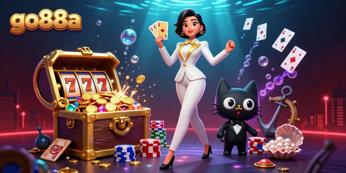 Experience gaming excitement at go88a with a glamorous dealer and a tuxedo cat amidst treasures and slots.