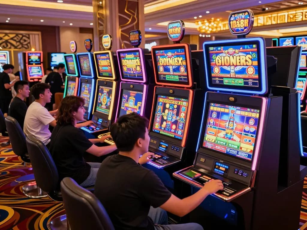 Players celebrating wins while playing mb88slot at colorful slot machines in a bustling casino.