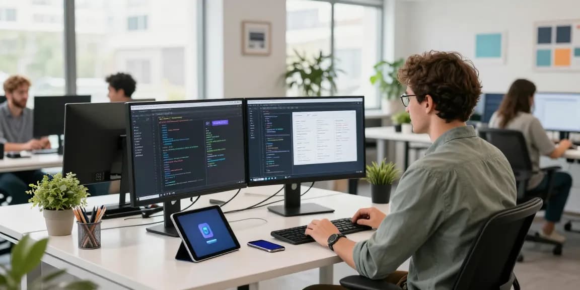 Developer coding at a modern workspace for slot7000, showcasing productivity and technology.