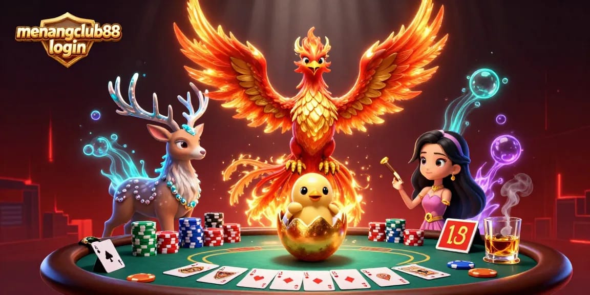Engaging visual depicting game strategies with menangclub88 login, featuring a blazing phoenix, royal flush, and vibrant casino elements.