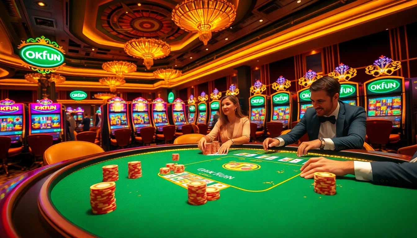 Players enjoying a vibrant poker game at OKFUN Casino, surrounded by colorful chips and bright slot machines.