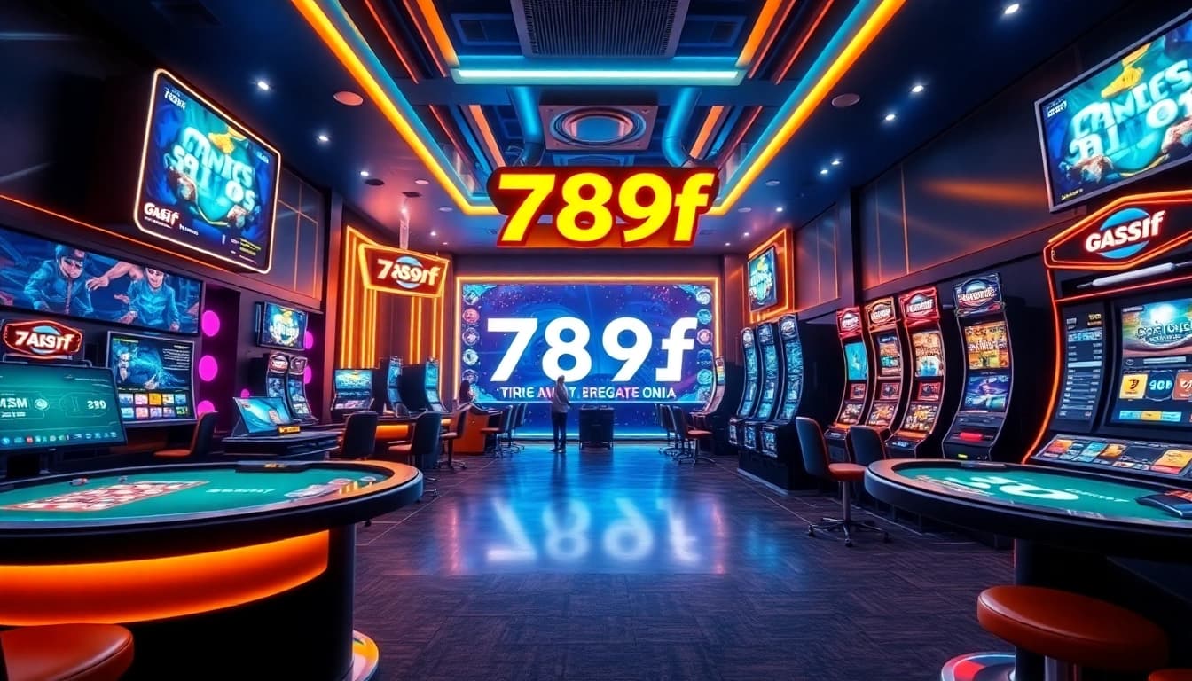 Dynamic online gambling environment showcasing the 789f brand with vibrant games and a luxurious atmosphere.