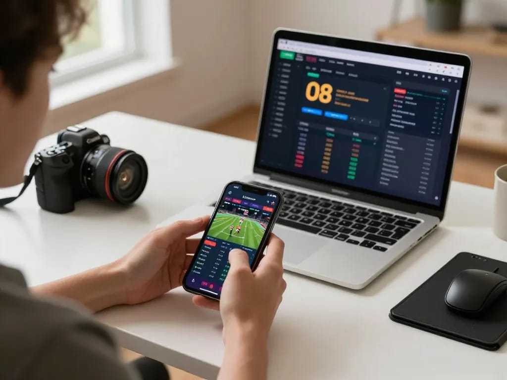 Online gaming session showcasing nhà cái o8 with a user actively placing bets on their smartphone amidst a stylish home environment.