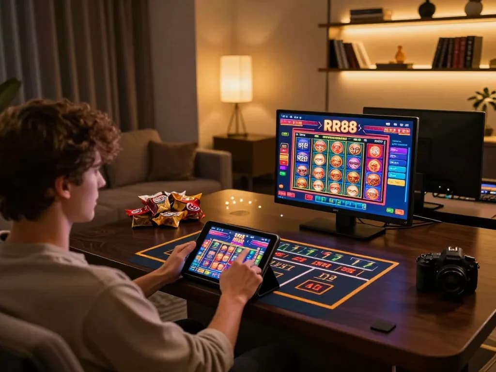 Engaged player using RR88 casino app on tablet in comfortable home setting, showcasing exciting gaming atmosphere.