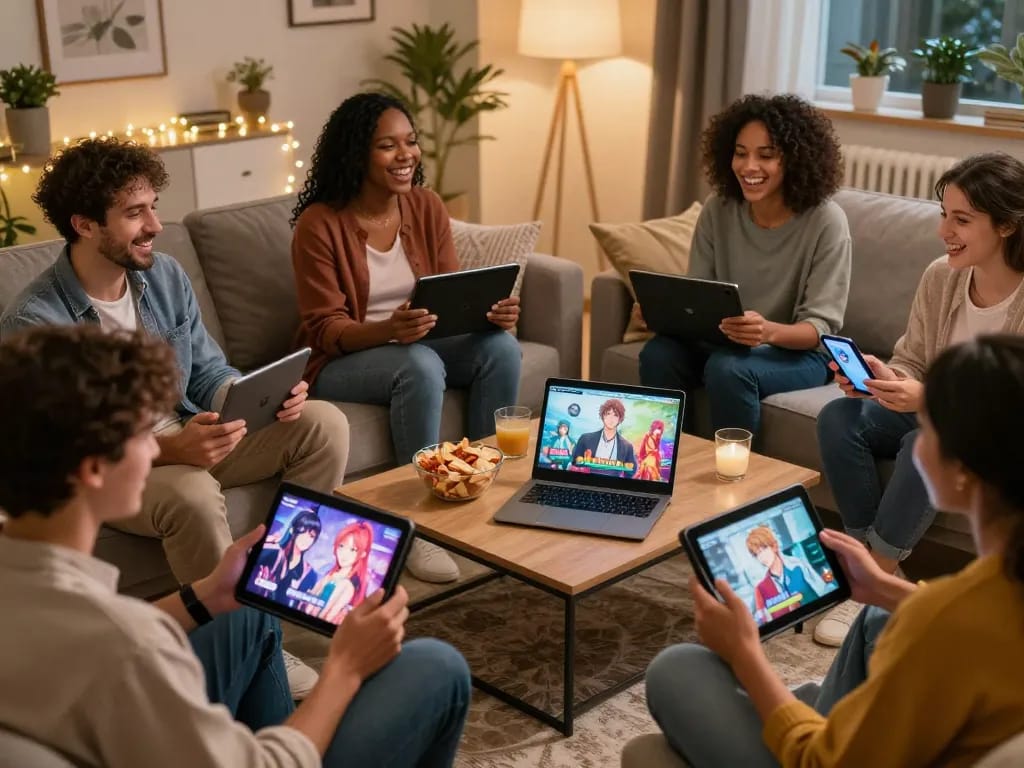 Engaged adults playing sex games on devices in a cozy living room