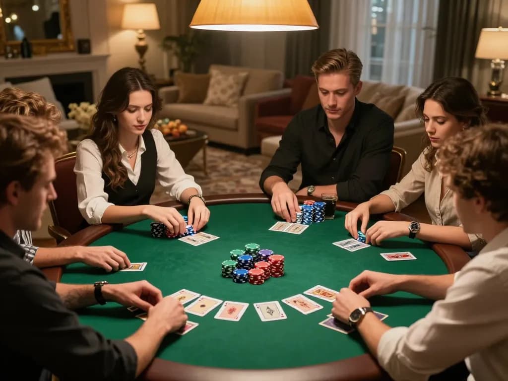 Players strategize their moves at an SC88 poker table, showcasing vibrant chips and excitement.