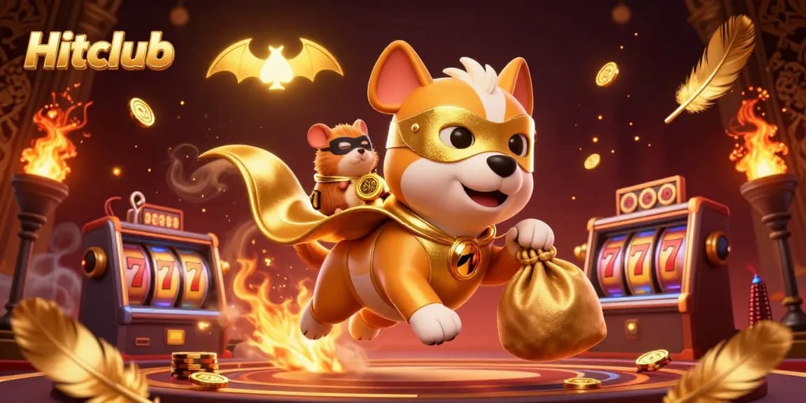 Hitclub casino features a superhero dog and hamster celebrating a jackpot with gold coins and colorful tokens.
