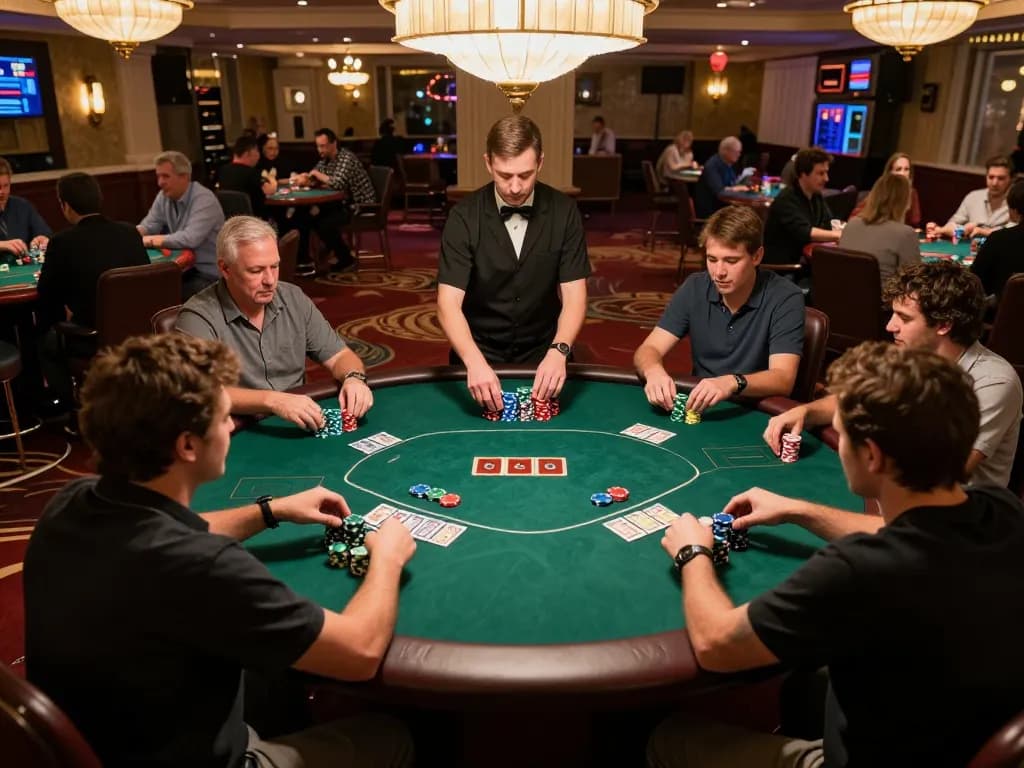 Players strategizing during an intense F8bet poker game at a vibrant casino table