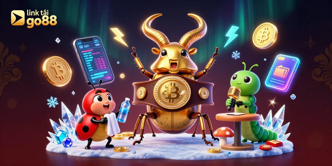 Engage with link tải go88 in this vibrant 3D scene featuring casino characters amidst glowing crypto elements.