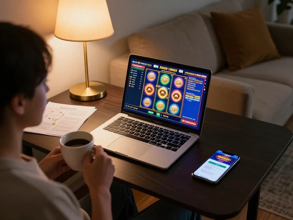 Playing online slots for bonus new member 100 with vibrant games displayed on laptop.